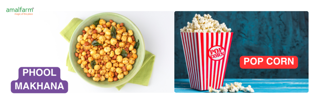 Banner featuring Amalfarm Phool Makhana and popcorn as healthy snack options