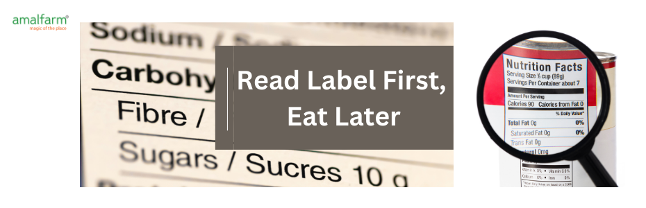 Banner promoting Amalfarm’s message to read food labels before eating for better health